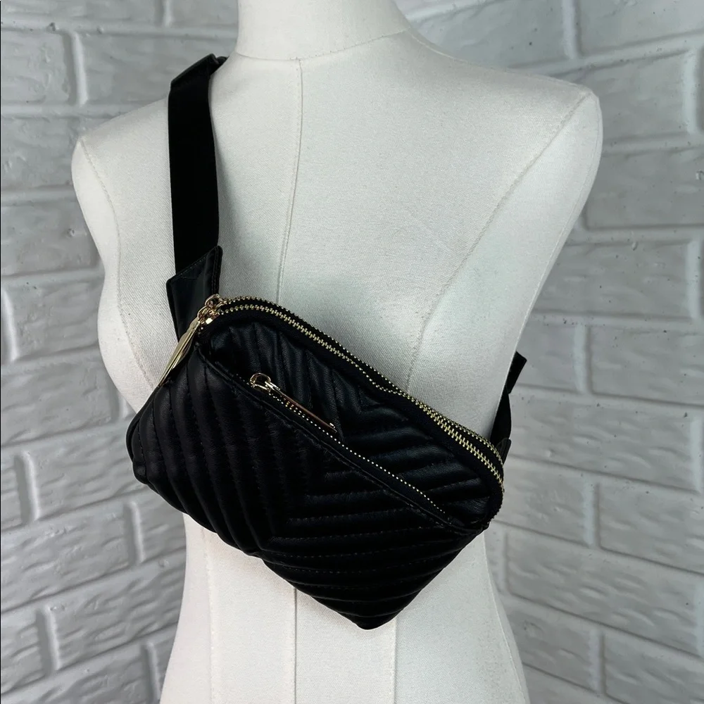 Unbranded Triple Zipper Quilted Vegan Faux Leather Black Belt Bag Fanny Pack